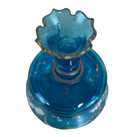 Vtg Signed Moser Art Glass Blue Coral Floral Vanity Jar with Lid Good Condition - Picture 4 of 12